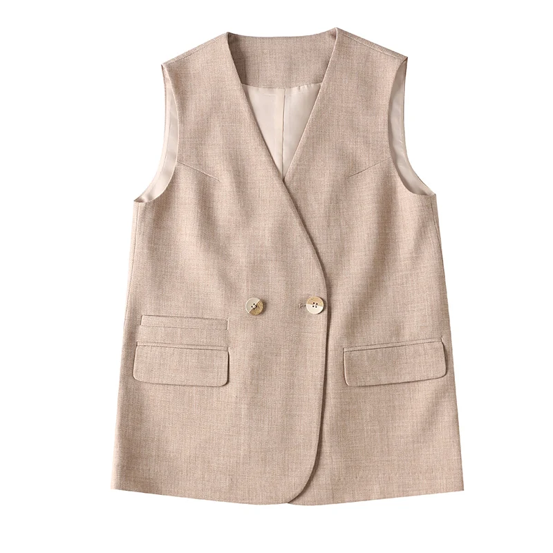 

SHUCHAN Vest for Women Solid Bottton Lanon Blended Pocket V-neck Sleeveless England Style Summer 2021 Double Breasted