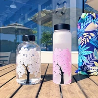 kawaii color changing sakura bottle 1000ml cute water bottle with protective bag for girl student fashion sport drinking bottle