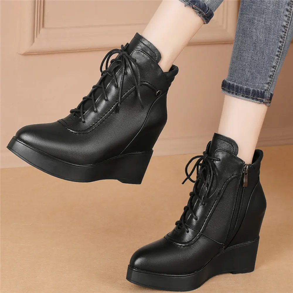 Fashion Sneakers Women Genuine Leather Wedge High Heel Ankle Boots Female High Top Pointed Toe Platform Pumps Shoes Casual Shoes