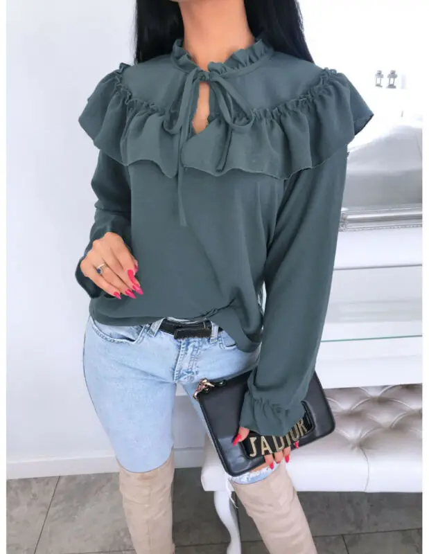 

Brand New Women Casual Long Sleeve Fungus Collar Ruffled Bandage Pullovers Ladies Loose Long Chiffon Blouse Shirt Top