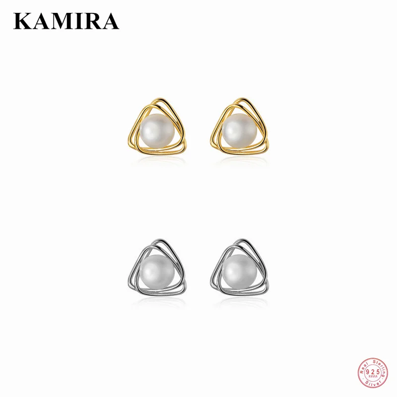 

KAMIRA 925 Sterling Silver Korean Geometric Elegant Natural Baroque Pearl Stud Earrings for Women Wedding Charm Chic Jewelry 피어싱