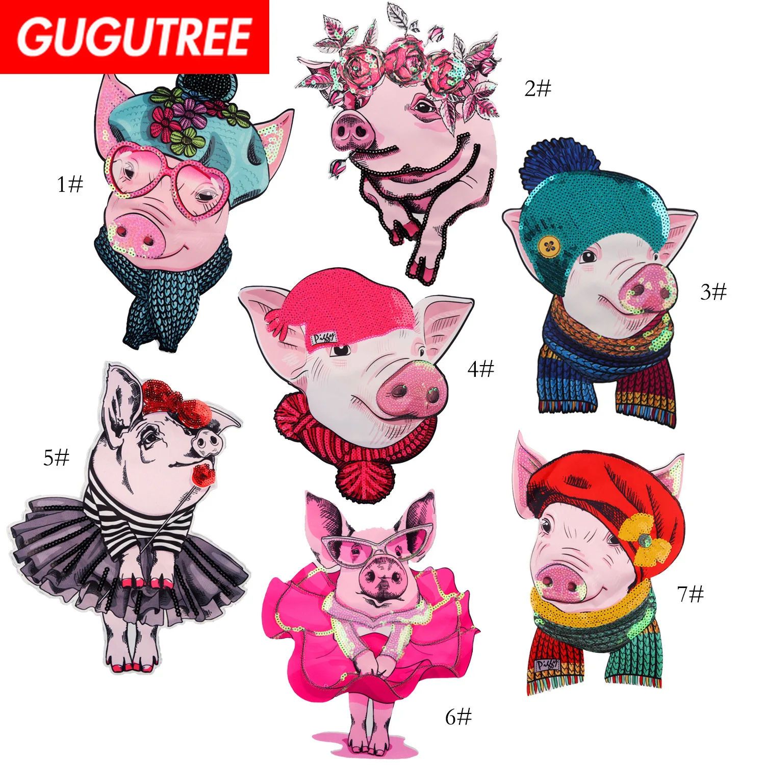 

GUGUTREE embroidery Sequins big pig patch cartoon animal patches badges applique patches for clothing ZK-241