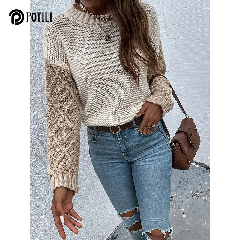 

POTILI Autumn Winter O-Neck Knitted Warm Sweaters 2021 Women's Pullovers Patchwork Minimalist Loose Jumpers Fashion Tops