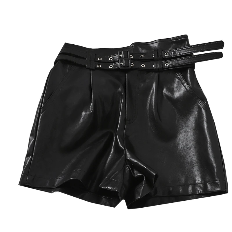 

2021 New winter Autumn Women PU Shorts Lady High Waist Wide leg Shorts All Match Sashes Shorts Female Casual Black Shorts KZ870