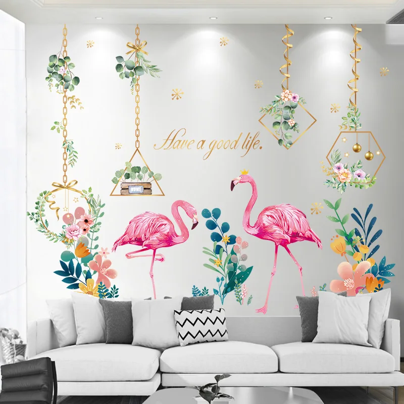 

[shijuekongjian] Flamingo Animal Wall Stickers DIY Chlorophytum Flowers Wall Decals for Living Room Baby Bedroom Decoration