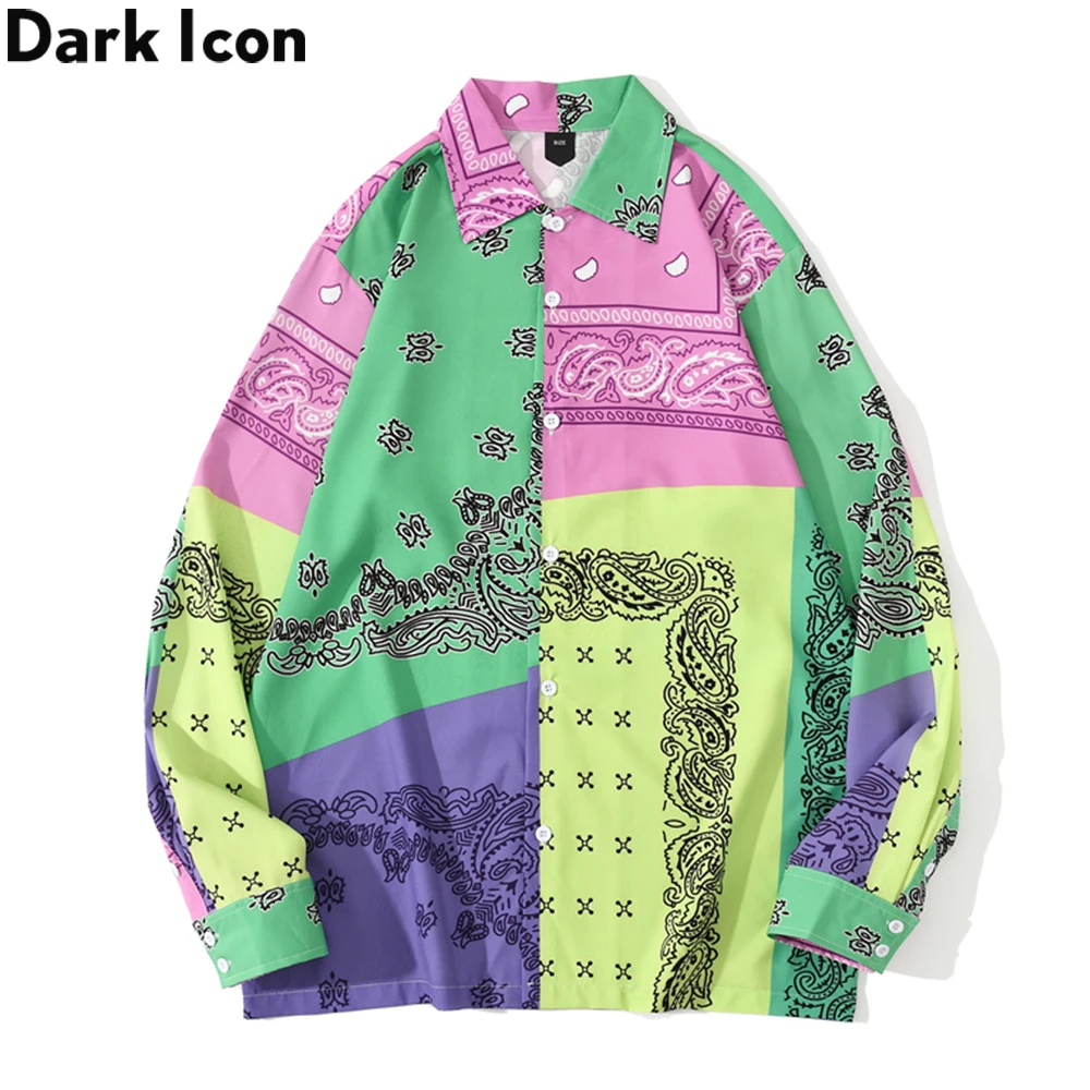 Рубашка мужская с длинным рукавом бандана в стиле пэчворк зеленая фиолетовая |