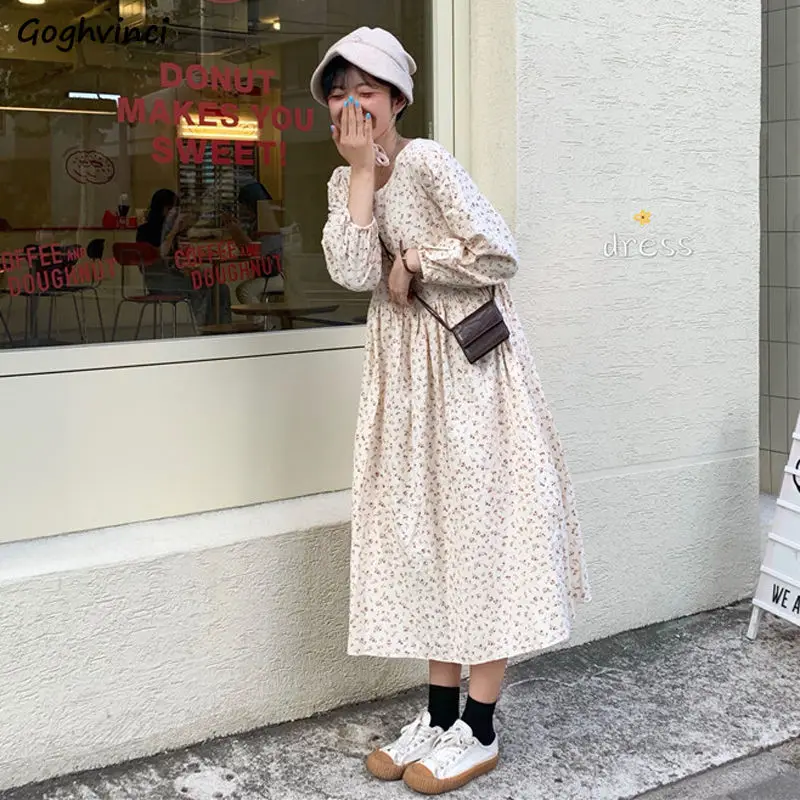 

Женское платье с длинным рукавом, с круглым вырезом, с цветочным принтом, свободная плиссированная драпировка, Harajuku Fresh, для подростков, шика...