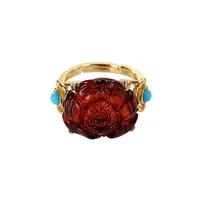 S925 sterling silver gold-plated natural blood amber turquoise ring personalized Ruyi peony open ring