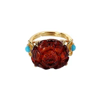 s925 sterling silver gold plated natural blood amber turquoise ring personalized ruyi peony open ring