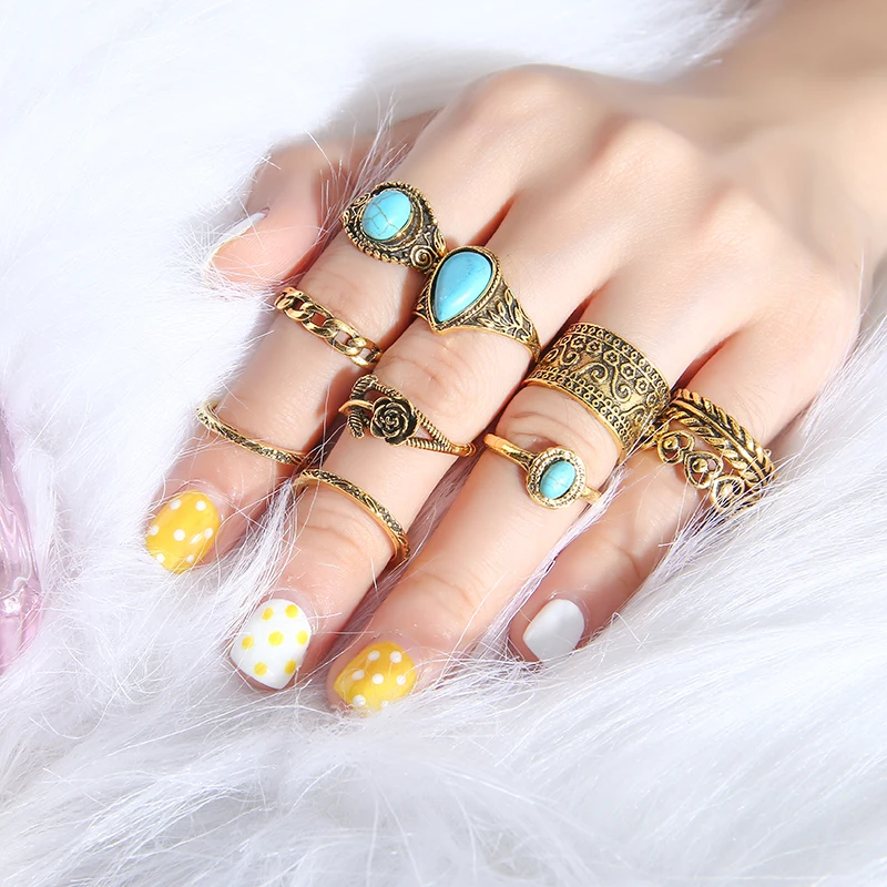 10 шт. набор свадебных колец в стиле бохо для женщин натуральный камень цветок
