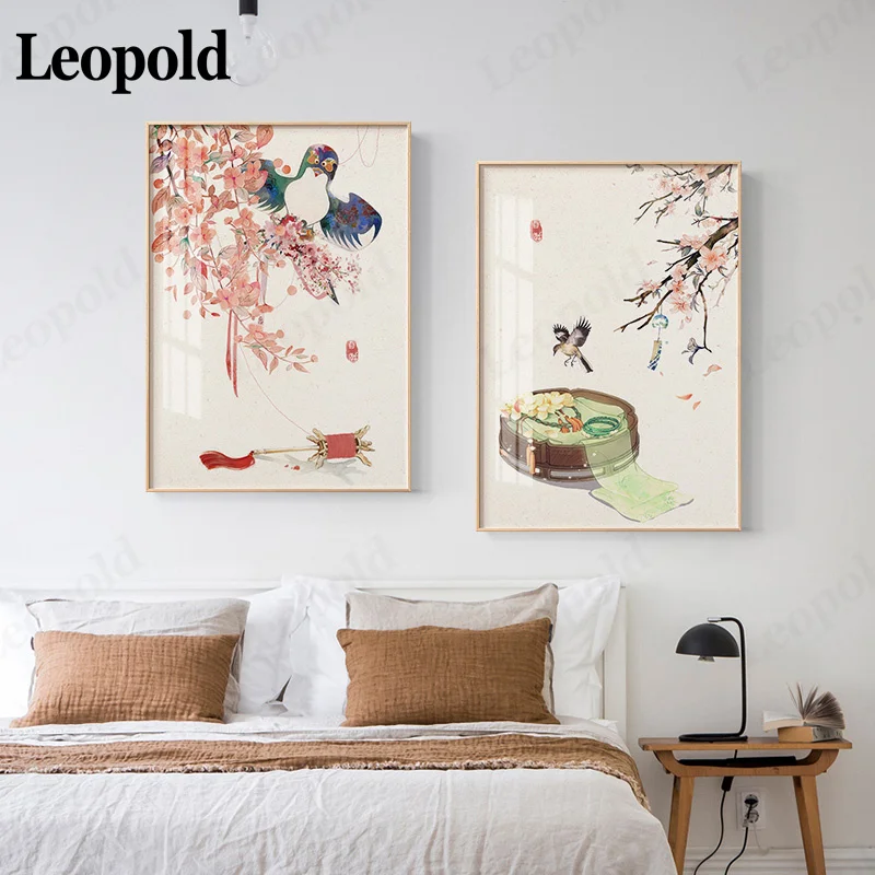 

Japanese Style Landscape Painting Canvas Print Poster Kite Flower Tree and Clock Canvas Mural Living Room Home Decoration