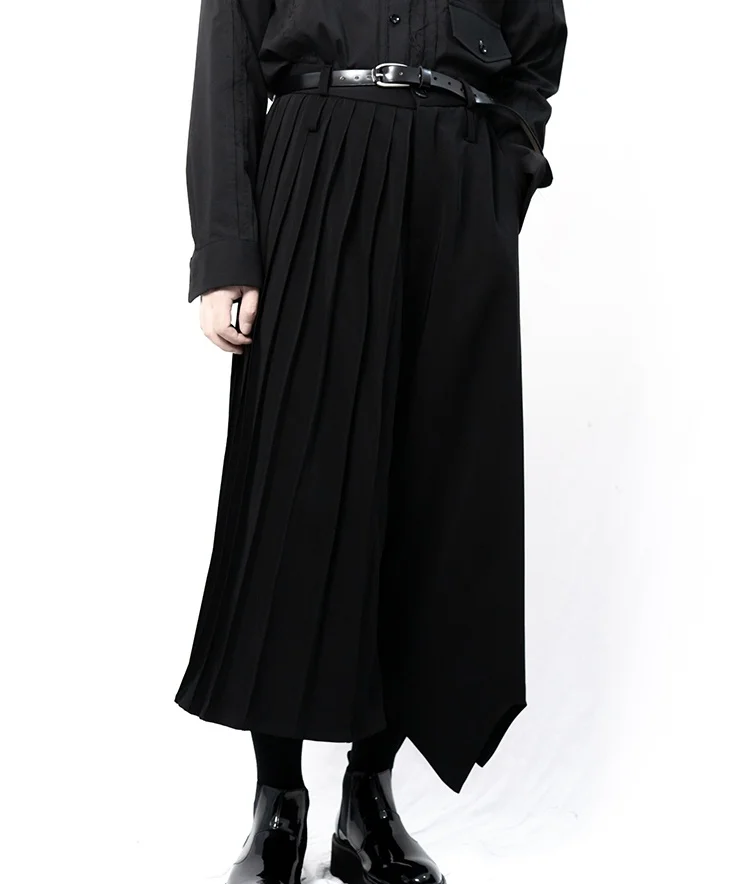 New spring/summer Japanese men's casual trousers wide leg trousers culottes single leg pleated asymmetric black trousers