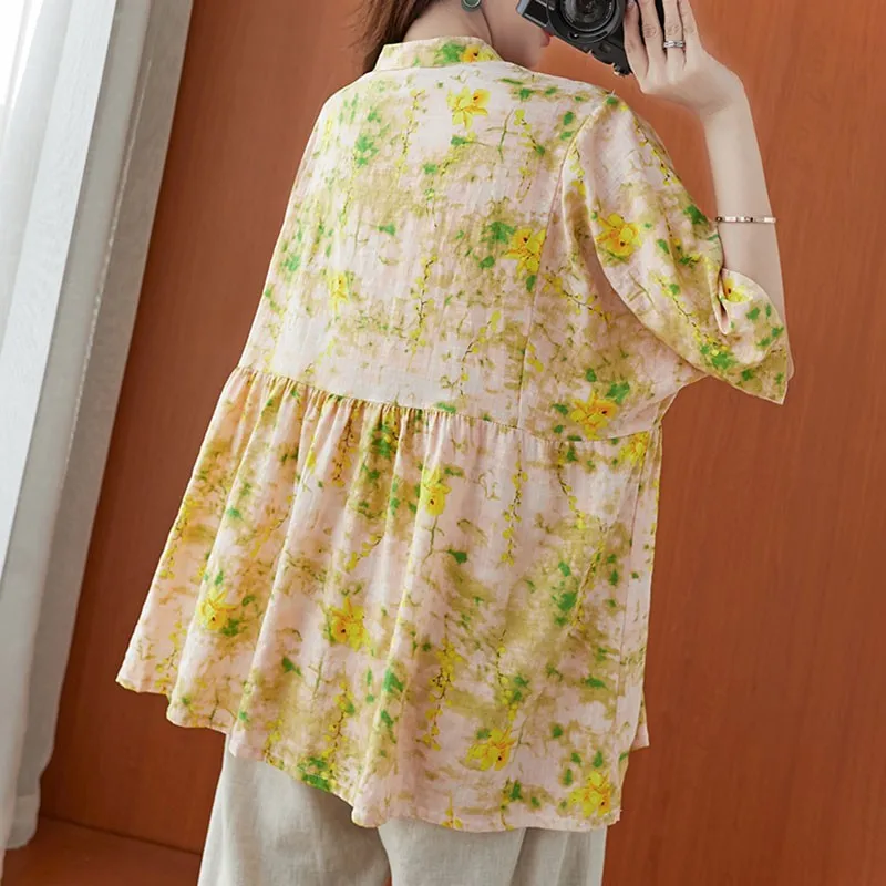 

Oversized Women Cotton Linen Casual Blouses Shirts New Arrival 2021 Summer Vintage Style Floral Print Loose Female Tops S2855