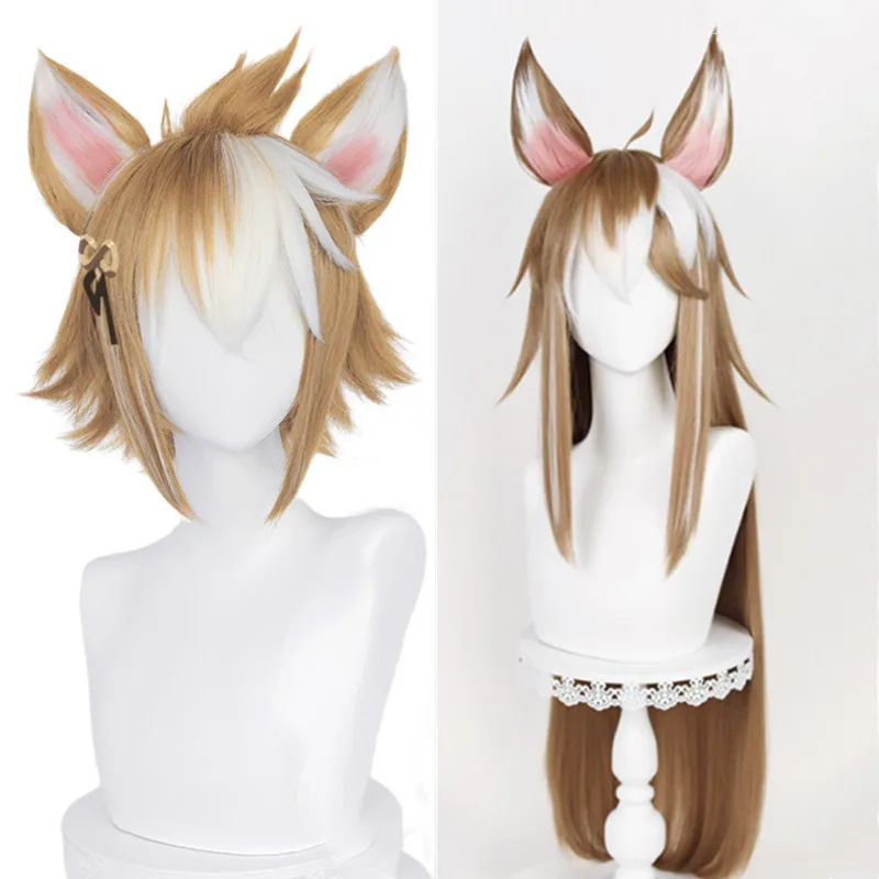 

Парик для косплея Gorou Game Genshin, ударопрочные коричневые и белые термостойкие синтетические волосы, парики-трансформеры с ушами и шапочкой