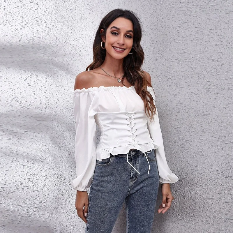 

Exclusive Hot-Selling Front Strap Back Rubber Band Pleating Lantern Sleeve off-Neck Short Top Women's Long Sleeve Chiffon Shirt