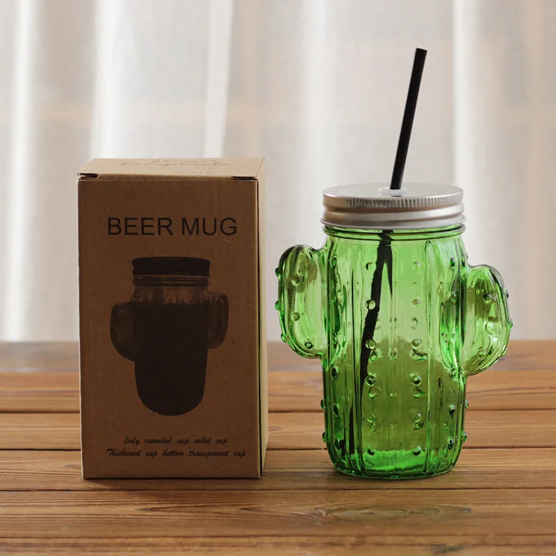 Творческий 3D кактус Стекло банка чашка Мейсона с крышкой и трубочкой для