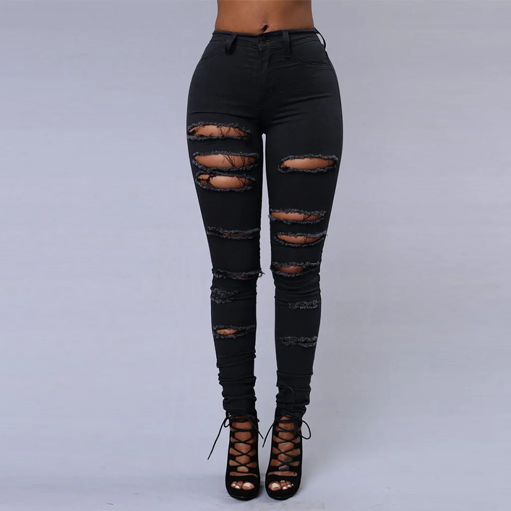 2020 New Ripped Jeans For Women Big Size Trousers Stretch Pencil Pants Leggings Black White#J3 | Женская одежда