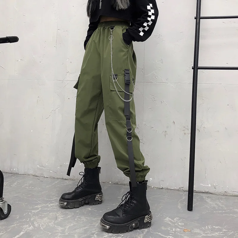 

Streetwear Cargo Pants Women High Waist Chain Pockets Ankle Trousers High Waist Hip-hop Punk Black Harem Pants pantalon femme