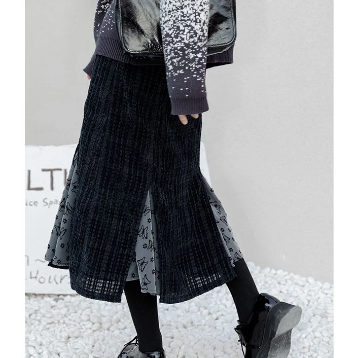 

Dark patterned plaid stitching skirt autumn/winter high-waisted A-word long skirt pleated Ruffles Solid A-Line Empire