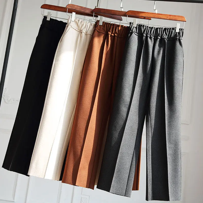 Осень-зима шерстяные прямые брюки с широкими штанинами Для женщин утепленные