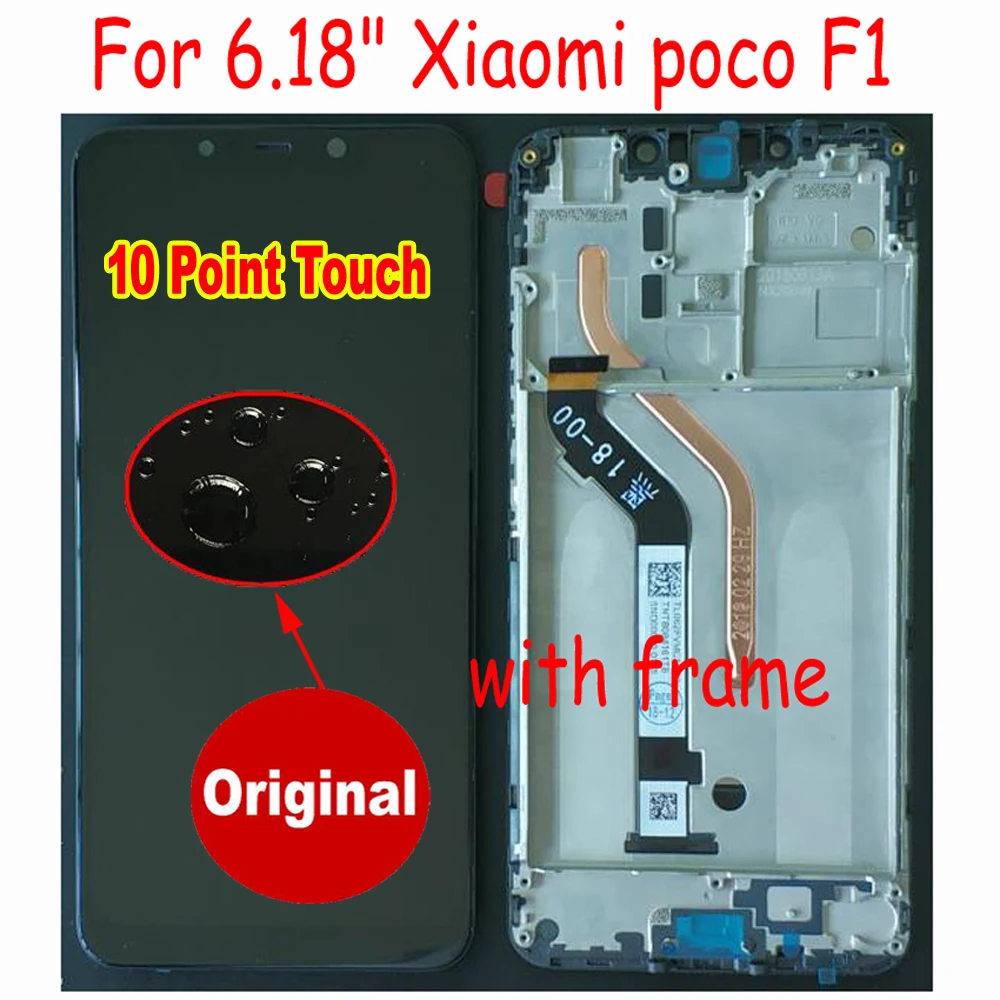 100% Оригинальный ЖК дисплей + сенсорный экран Рамка для Xiaomi Poco F1 10 точек касания