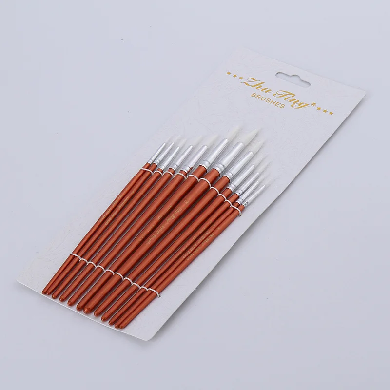 

Different Size 12Pcs Wooden Handle Artist Paint Brush Set Round Shape Nylon Hair Hook line Brush Set for Oil Watercolor Acrylic