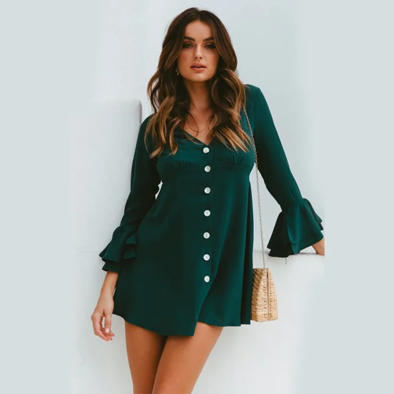 Cute sweet beauty dress hot fashion long sleeve V-neck retro style girl casual loose mini button shirt | Женская одежда