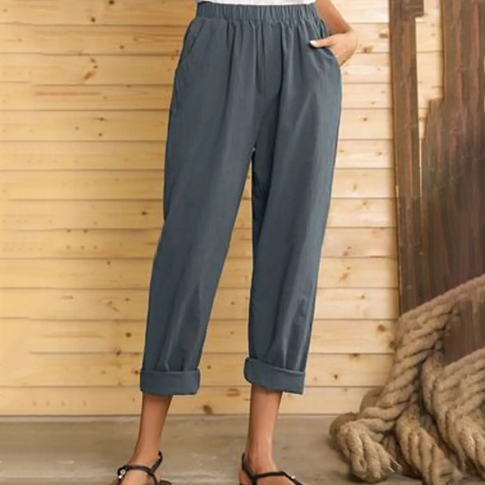 

Women Summer Pants Elastic Waist Casual Pure Linen Pockets Ankle Pants Pantalon Casual Linens Vintage Trousers Streetwear R5