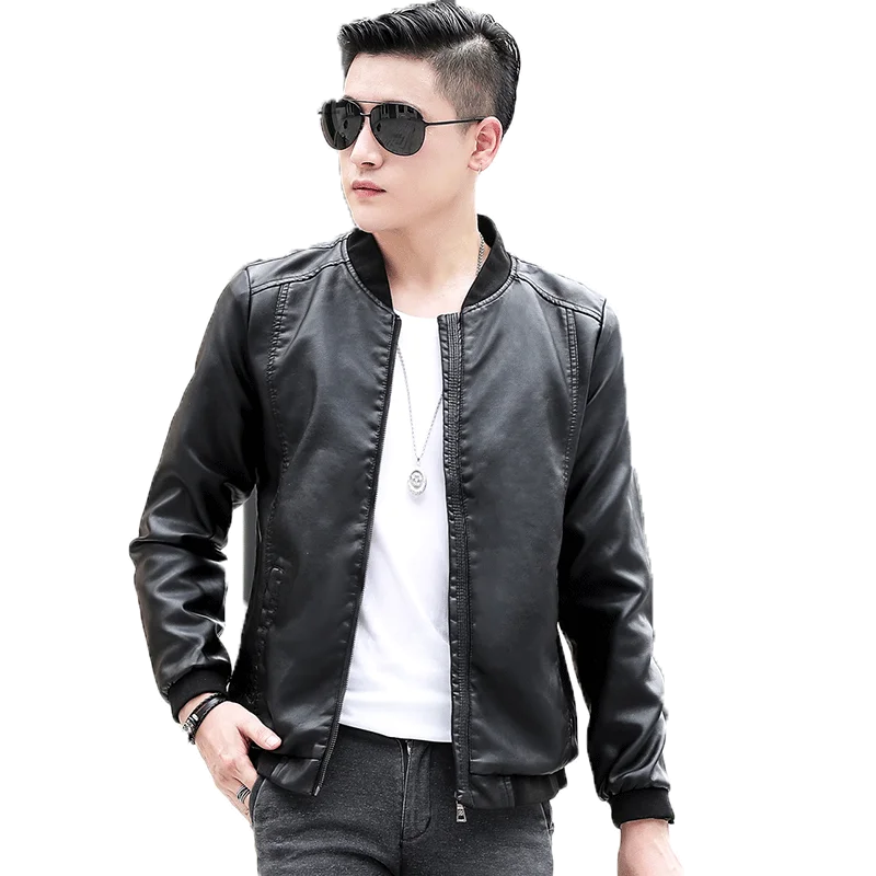 

PU Leather Men's Jacket Brand-Clothing Baseball Fleece Autumn Stand Collar Zipper Casual Coat Motorcycle Male Jacket;YA107