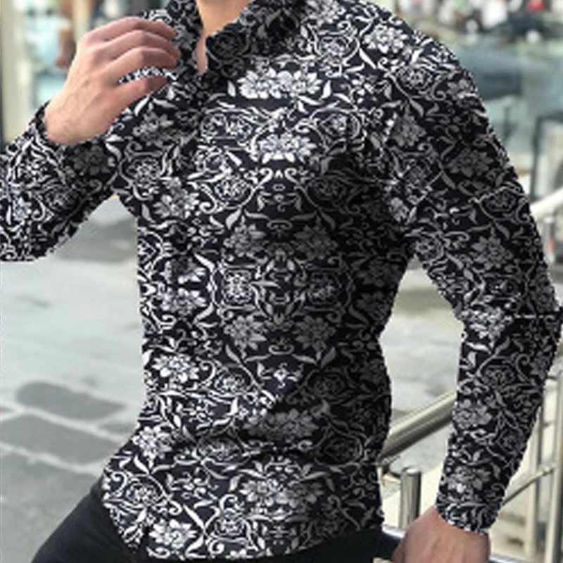 Блузка мужская с цветочным принтом длинным рукавом на пуговицах | Мужская одежда