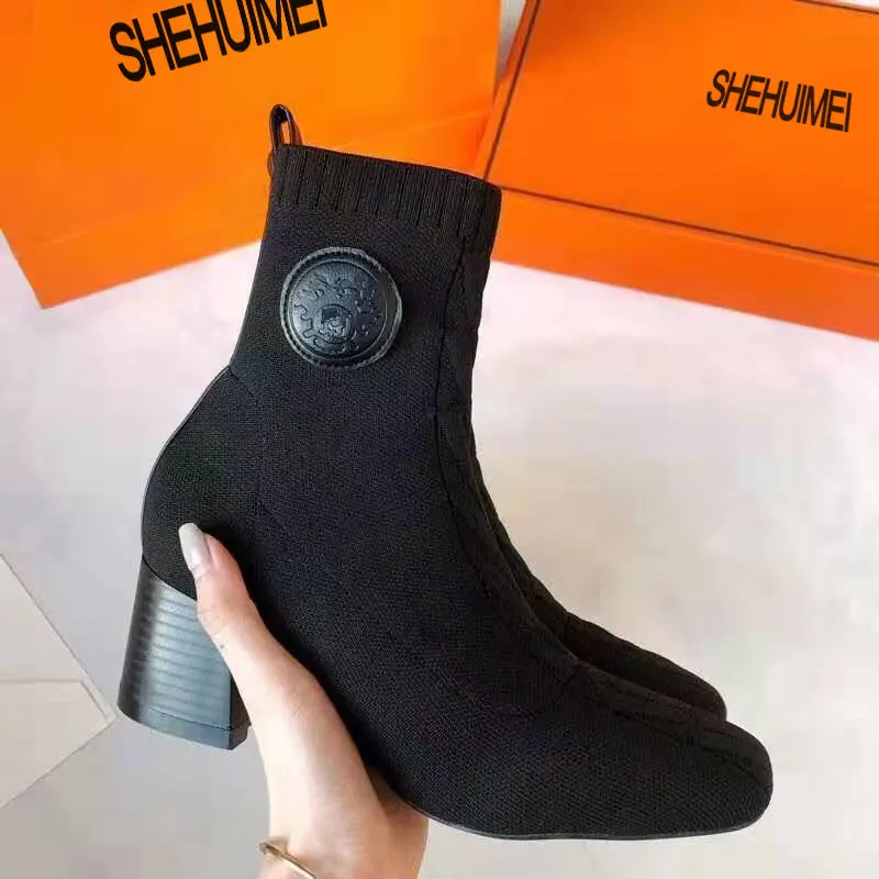 

2020 spring and autumn new square head stretch knitted short boots women's single boots high heel thick heel women's boots