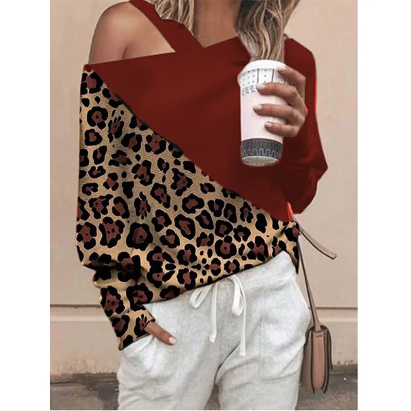 Блузка на одно плечо с леопардовым принтом рубашка женские пикантные облегающие