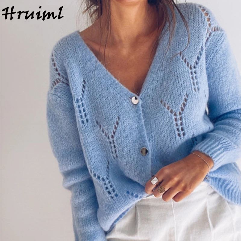 

Fashion Sweaters Cardigan Women Autumn Winter Long Sleeve Solid Blue Single Breasted Sexy Female Knitted Sweater Sueter Mujer