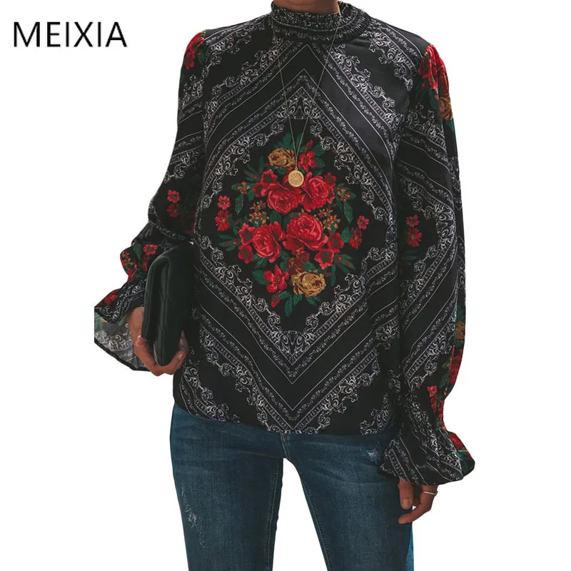 

MEIXIA 2020 Women Vintage Blouse Summer Shirts Turtleneck Long sleeve Wild Shirt Female Bohemia Grapic Woman Tops