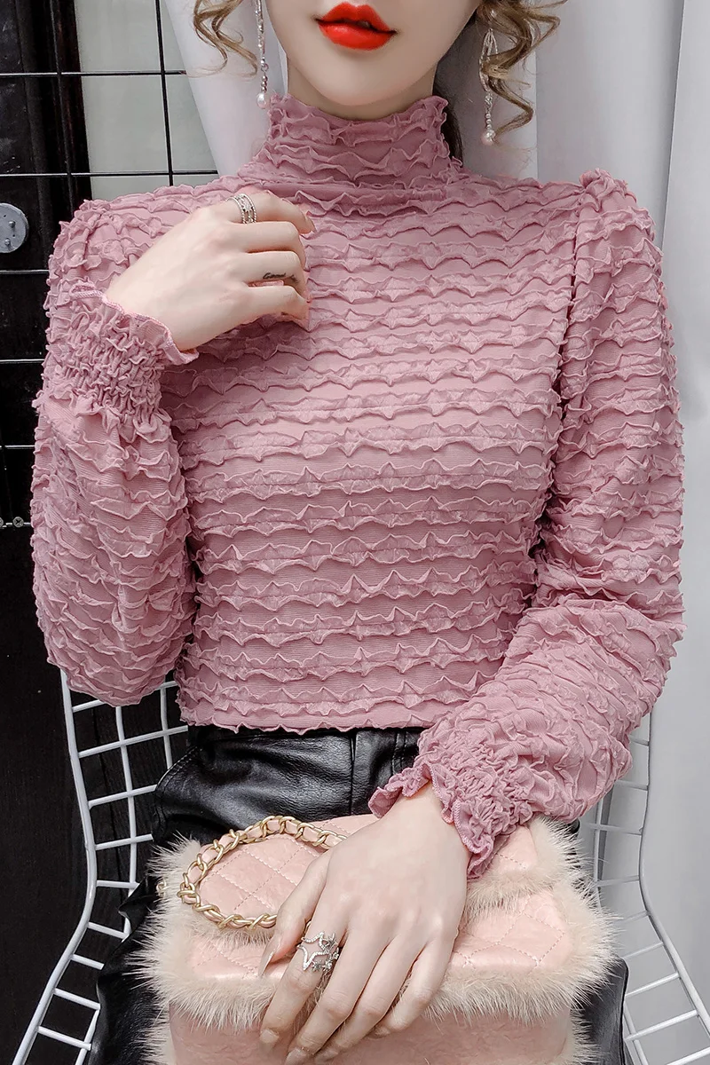 

Lace Turtleneck Bottoming Shirts Chiffon Tops Women Spring Autumn Lantern Sleeve Blouses Female Solid Slim Elegant Pullover 2021