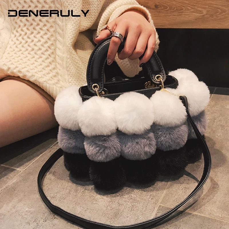 

2019 Winter Bag Women Faux Fur Luxury Hand Bag Ladies Tote Bags Women Designer Handbag Hair Ball Messenger Bags Bolsos Mujer Sac