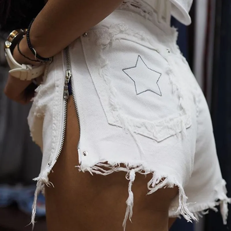 

2020 Promotion Real Cotton Straight Casual Shorts Short Jeans Feminina Summer Shorts Women's Sexy Hole Burrs Side Zipper Women