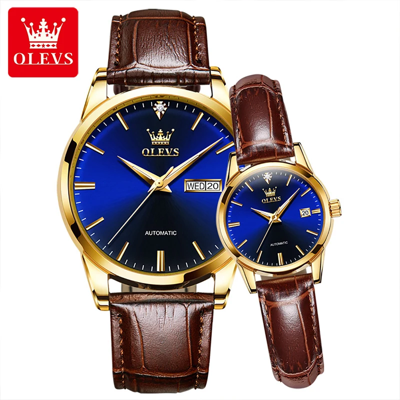 OLEVS New Fashion Couple Casual Waterproof Luminous Pointer Mechanical Watches High Quality Breathable Leather Strap Watch 6629