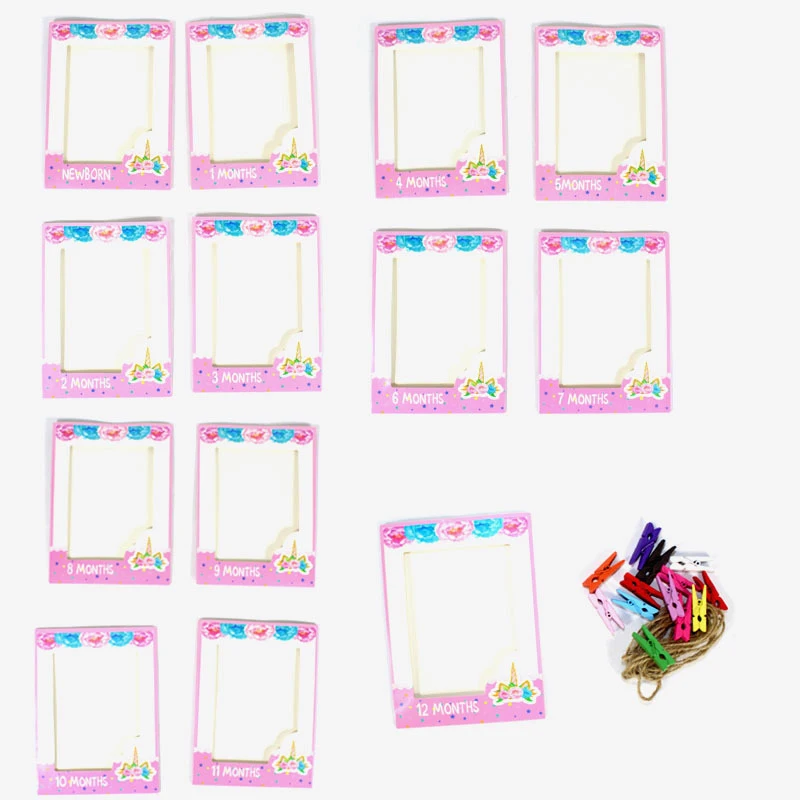 

13pcs Unicorn Photo Frame One Year Baby Growth Photos Record Banner Baby Shower 1st Birthday Party Unicorn NewBorn Party Supply