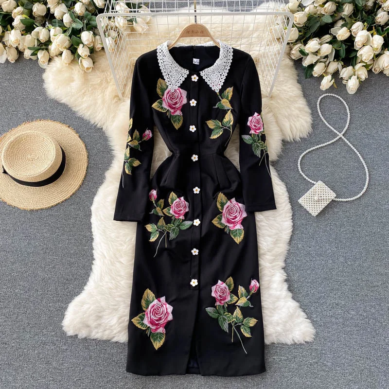 Robe d'automne pour femmes  mode  boutons d'ange  Rose brodée  perçage à chaud  noir  Slim  Noble