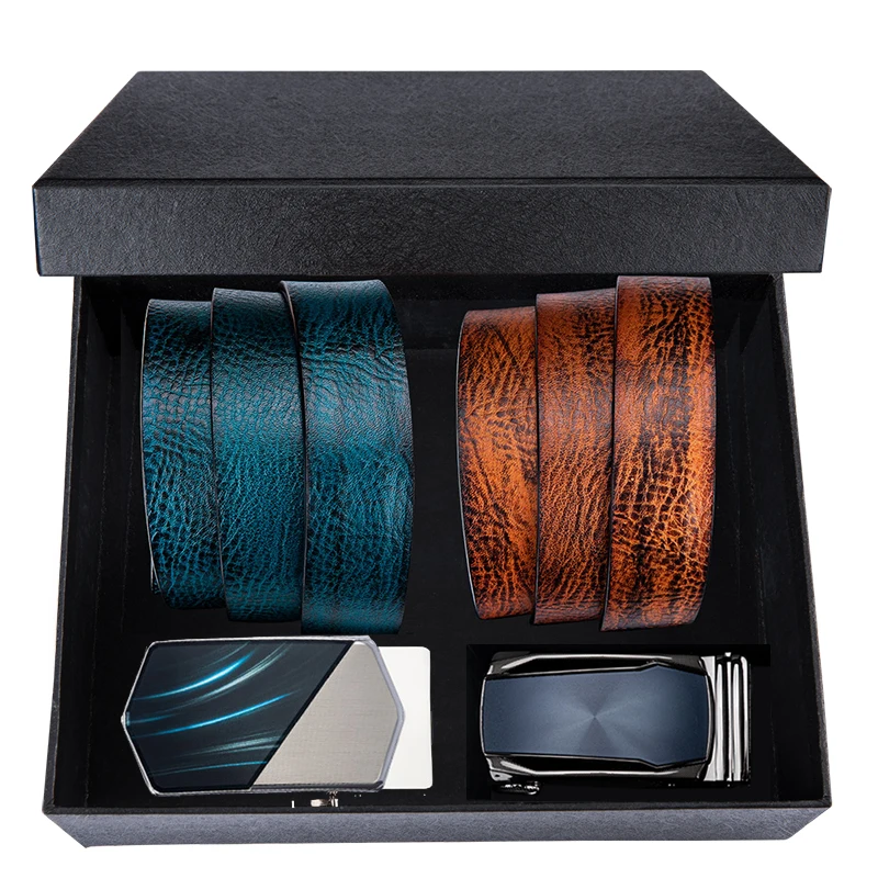 0070-0062-DG-E-C Hi-Tie роскошный ковбойский коричневый синий Повседневный ремень для мужчин мужской дизайн автоматическая пряжка коровья кожа подлинный кожаный ремень для джинсов ремень в коробке - Цвет: 0070-0062-DG-E-C