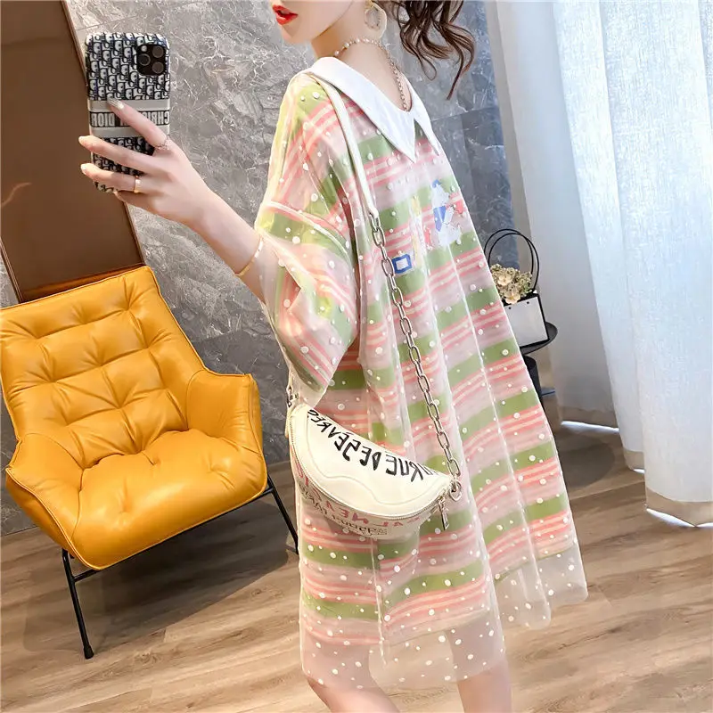 

Cotton large size long striped age-reducing short sleeve T-shirt women's summer 2021 new super Xiansen fake two-piece jacket
