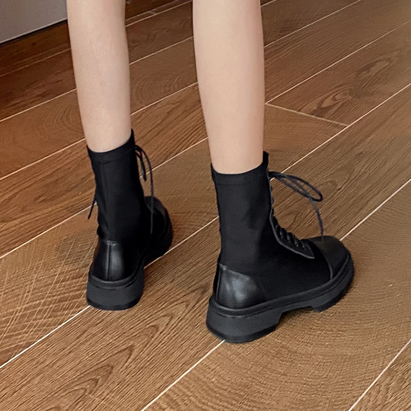 spesifikasi Ukuran 34-43 Untuk Wanita Kulit Sapi Atas Sepatu Musim Gugur Dan Musim Dingin Wanita Sepatu Elastis Sepatu Lace-Up Sepatu Boot Pendek Martin Boots