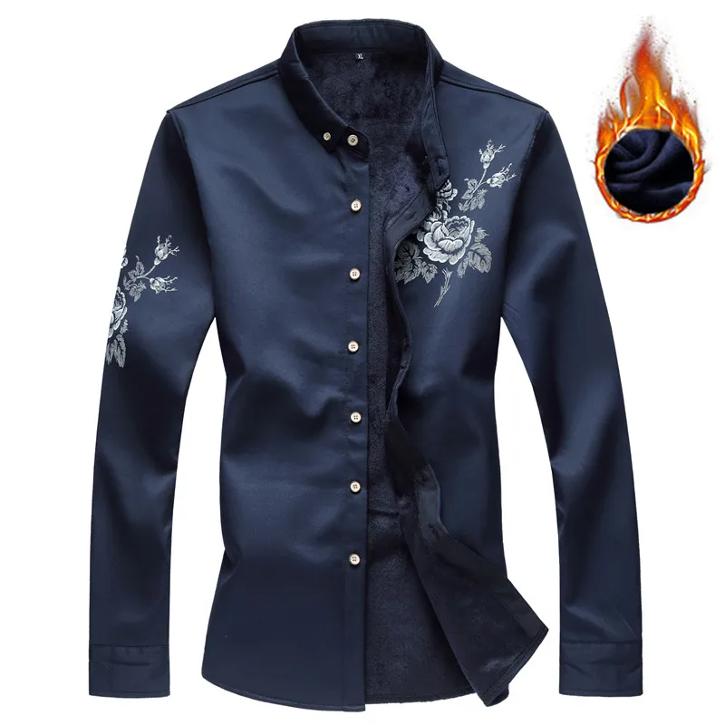 Autumn winter Thick Fleece Warm Men Smooth silk rose print Long Sleeve Shirts Fashion Brand Wedding party Dress Shirt Size 7XL | Мужская