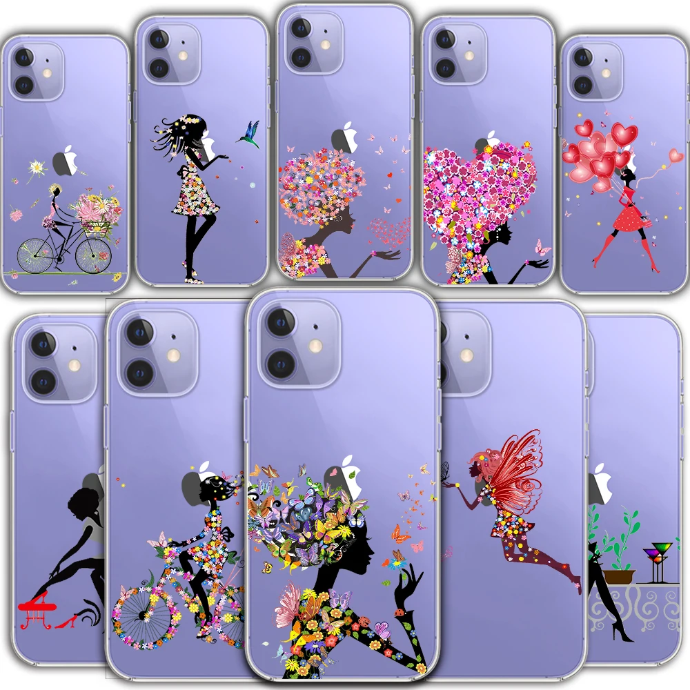 

iphone 12 Mini 11 Pro Max transparent mobile phone case protective cover XR 6 7 8 X S SE 2020 Coque cute cartoon butterfly girl