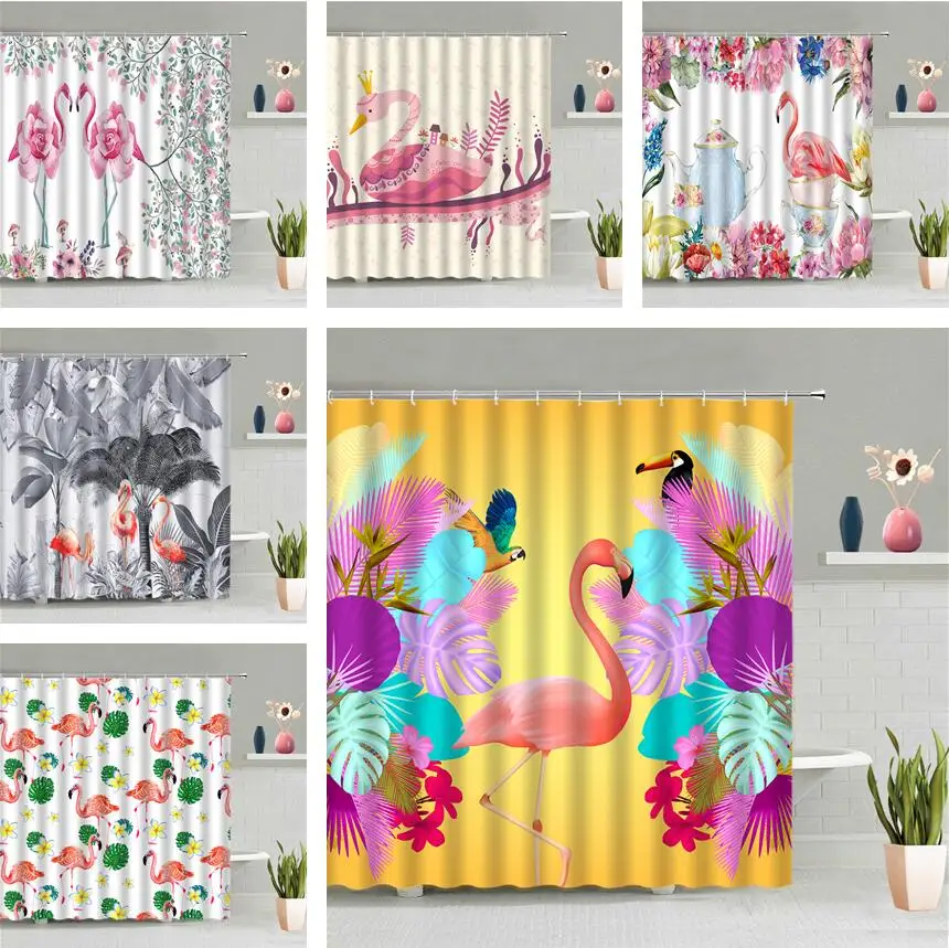 

Tropical Animal Flamingo Shower Curtain Cartoon Flower Bird Plant Wall Hanging Curtains Children Bathroom Waterproof Home Decor