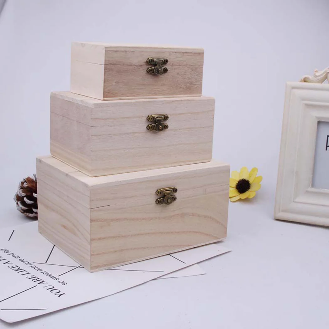 

Plain Wood Wooden Square Hinged Storage Boxes Craft Gift Box Simple Storage Container Dust-Proof With Lock Jewelry Box Case