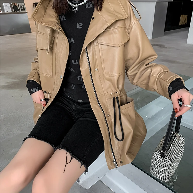 JAZZEVAR 2023 New High Fashion Women Real Sheep Skin Leather Jacket Genuine Casual Outerwear Safari Style Trench Coat