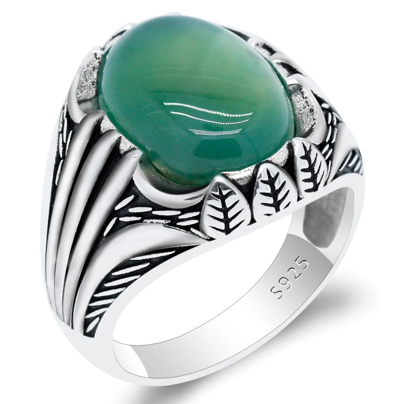 

925 Sterling Silver Ring Natural Gemstone Green Agate Ring for Men Women Gift Leaves Design Vintage Turkish Silver Fine Jewelry