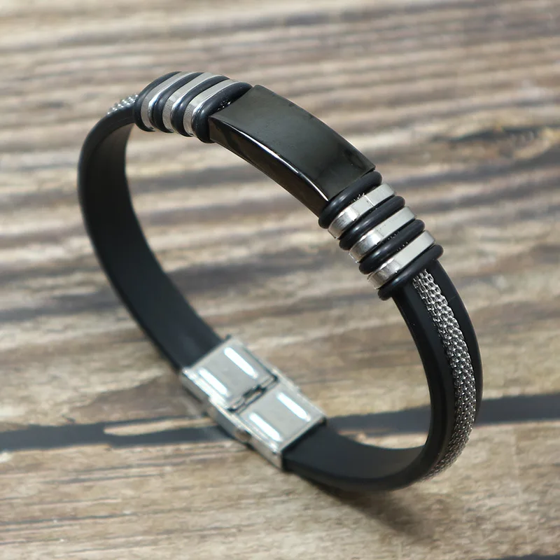 

Men's Sporty Bracelet Black/Silver Color Stainless Steel Silicone Bracelets with Chain Men Accessories Jewelry Rubber Wristband
